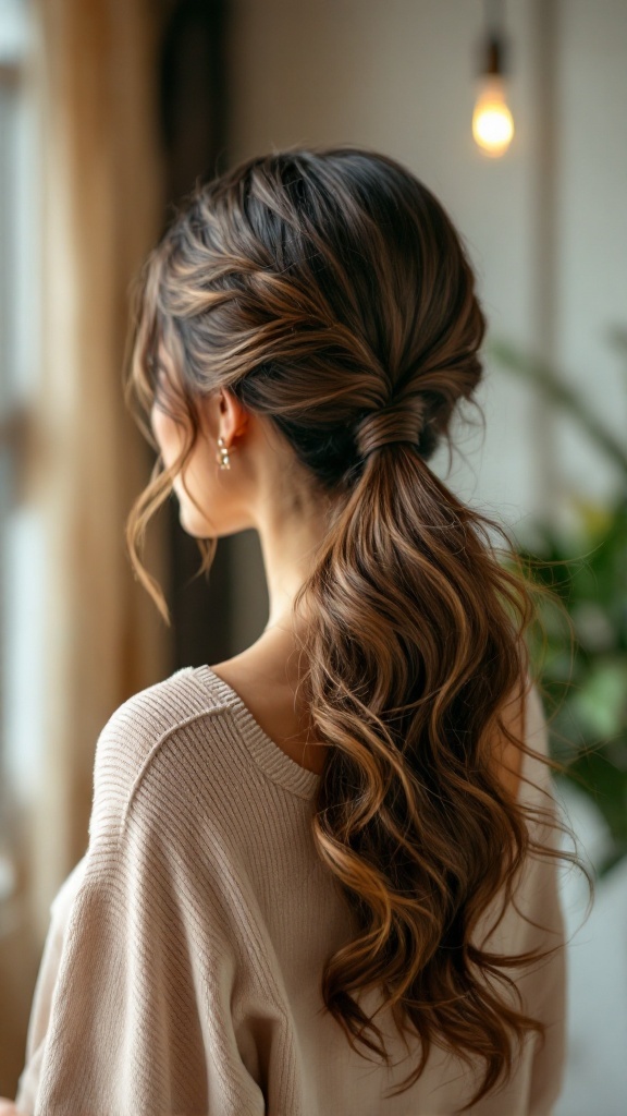 A stylish side-swept ponytail with loose waves, showcasing a relaxed and elegant hairstyle