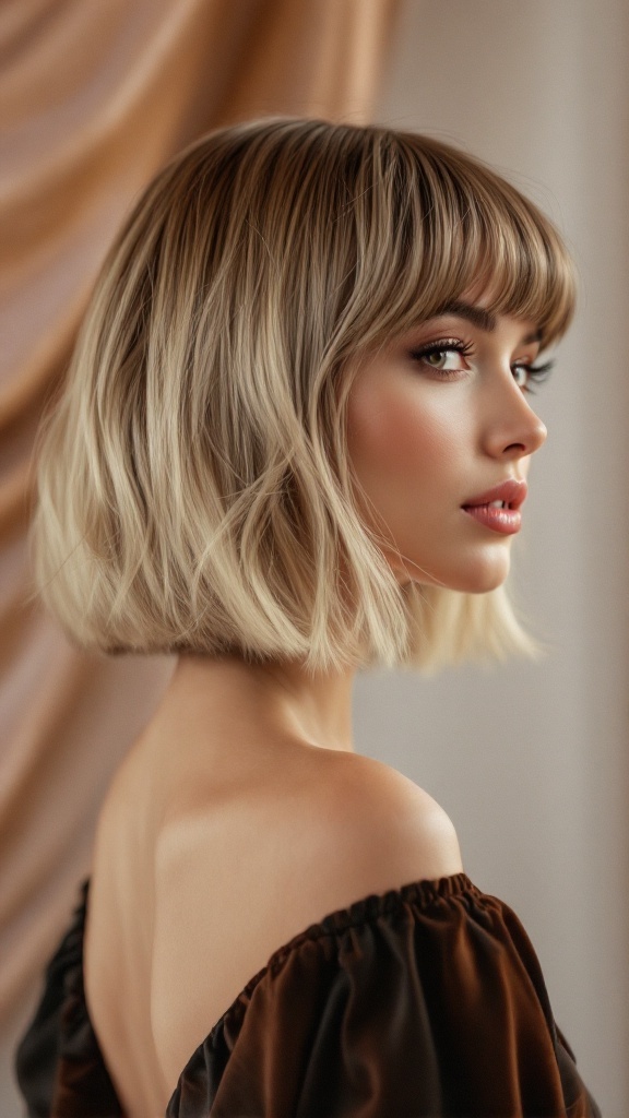 A woman with a bob cut and side bangs, showcasing a stylish and modern hairstyle.