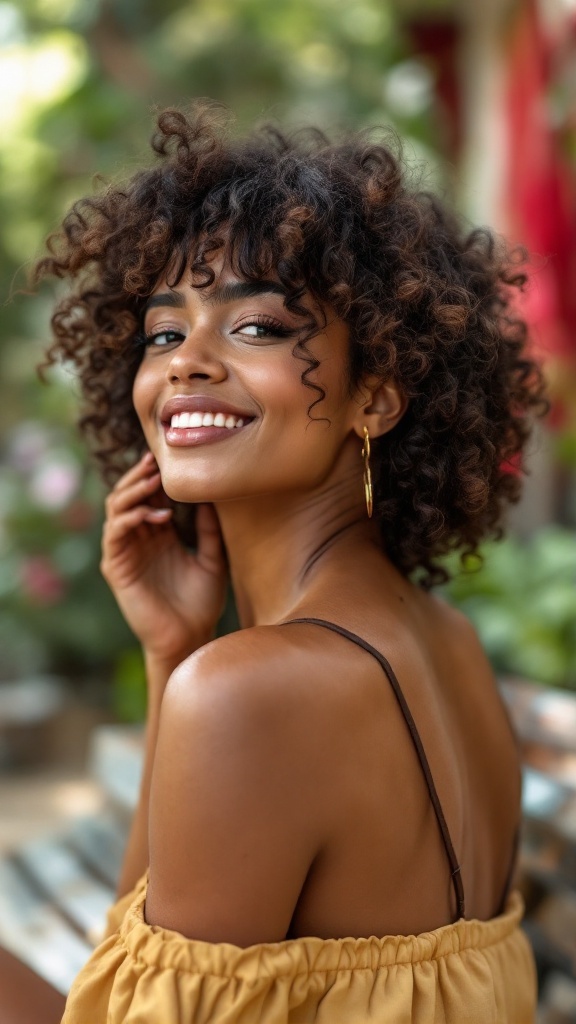 A woman with natural curls and side bangs smiling in a casual setting.