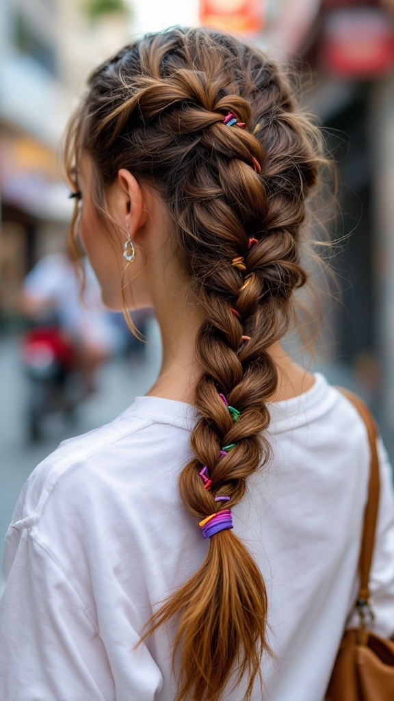 A woman with a chunky side braid adorned with colorful elastics.