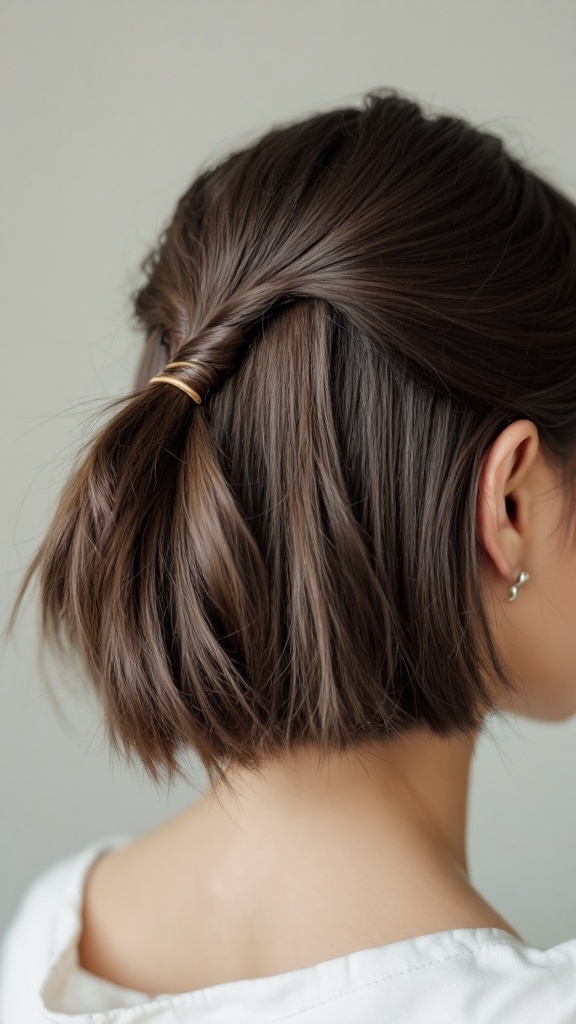 A side swept hairstyle secured with a claw clip, showcasing textured short hair.