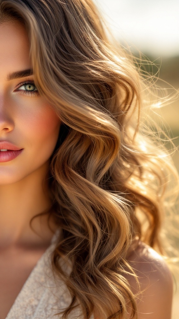 A woman with long, wavy hair styled in side swept curls, showcasing a natural and elegant look.