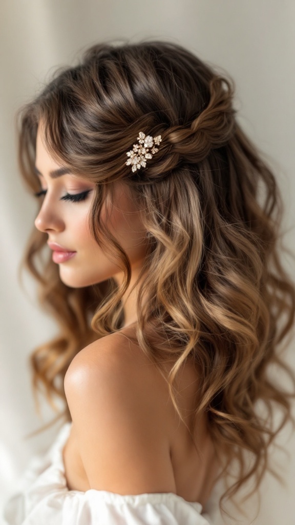 A woman with side swept curls adorned with a decorative hairpin.