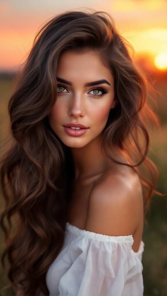 A woman with long, loose curls styled to one side, set against a sunset backdrop.