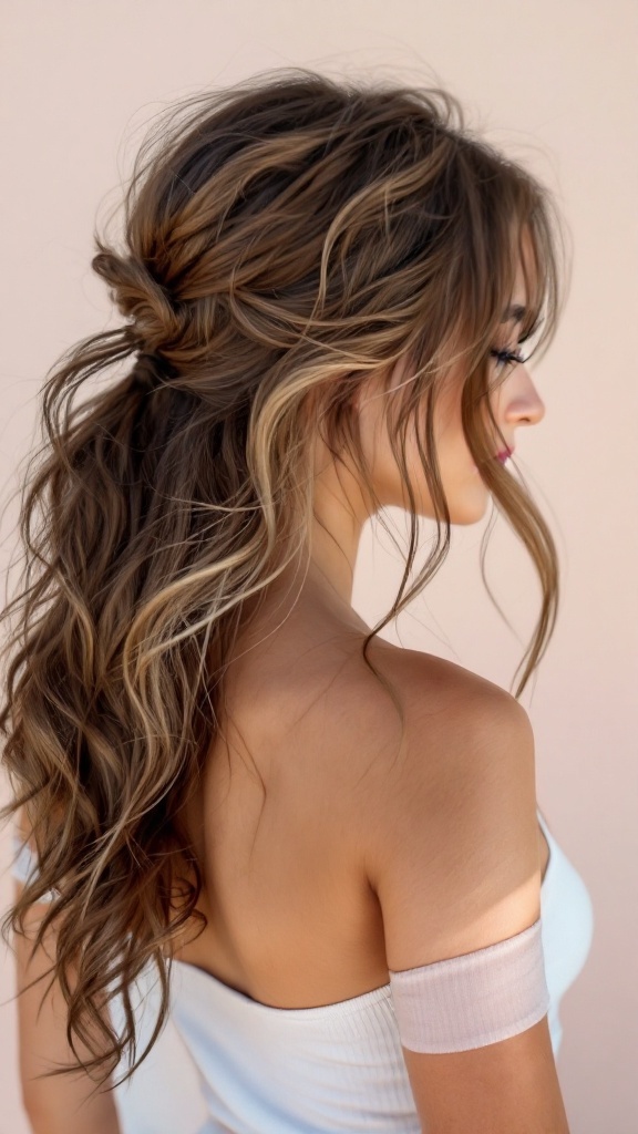 A woman with side swept loose waves hairstyle, showing a casual and stylish look, ideal for volleyball.