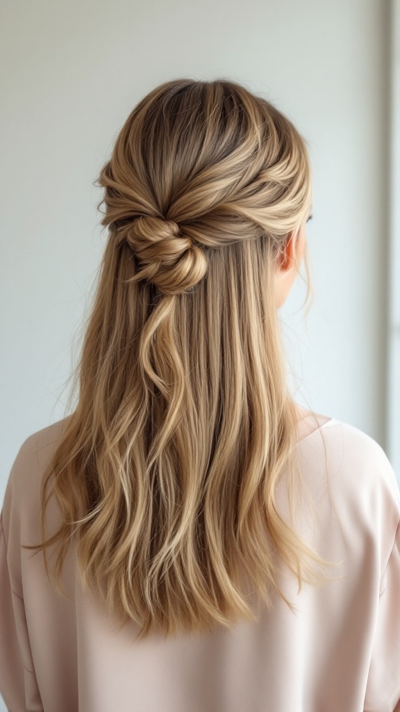 A woman with straight hair styled in a half up half down look, featuring a twisted section at the back.