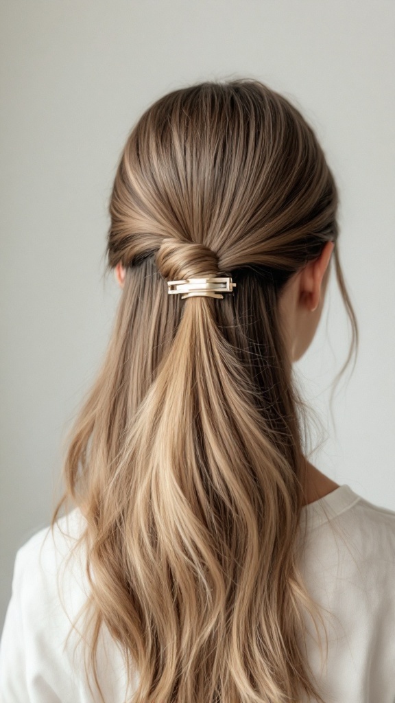 A woman with long hair styled in a half-up, half-down hairstyle, held with a stylish clip.