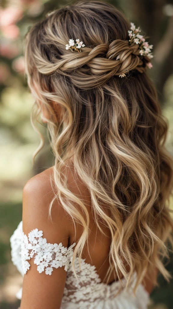 A woman with medium-length hair styled in loose waves with floral accents, showcasing a simple and sophisticated bridesmaid hairstyle.