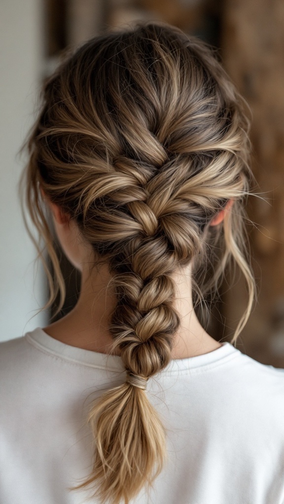 A back view of a simple knotted braid on medium hair.
