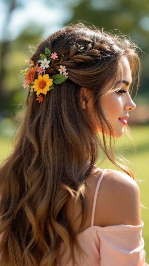 A woman with long, straight hair decorated with colorful flowers, showcasing a simple summer hairstyle.