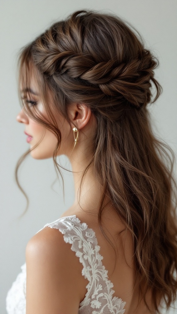 A side view of a simple twisted half-up hairstyle for bridesmaids with thin hair.