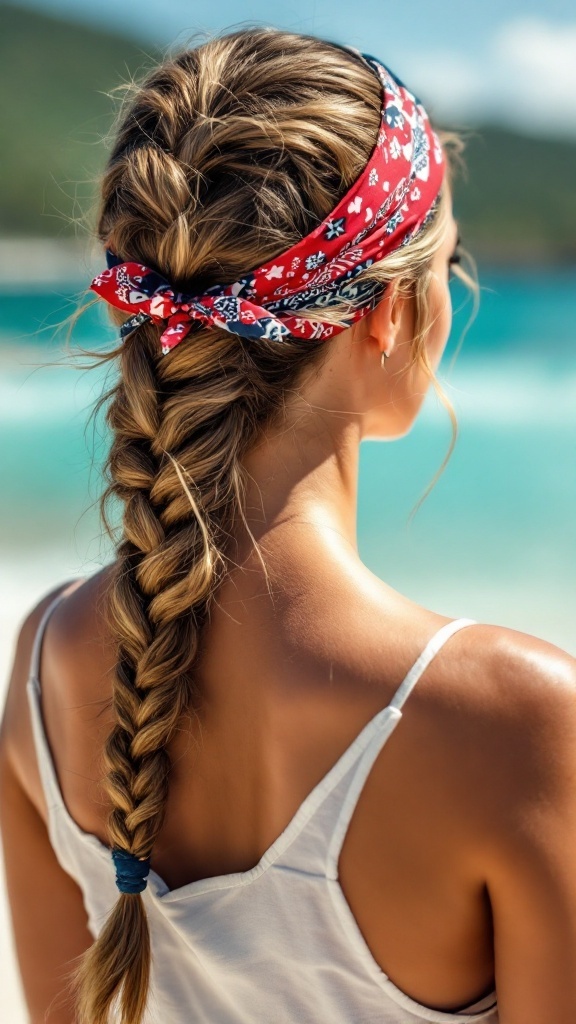 A woman with a single side braid wearing a red bandana, standing against a beach backdrop.