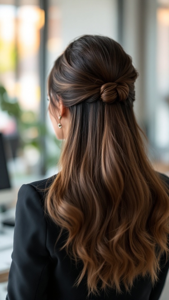 A woman with half up half down hairstyle, featuring a sleek side part and waves, looks polished and professional.