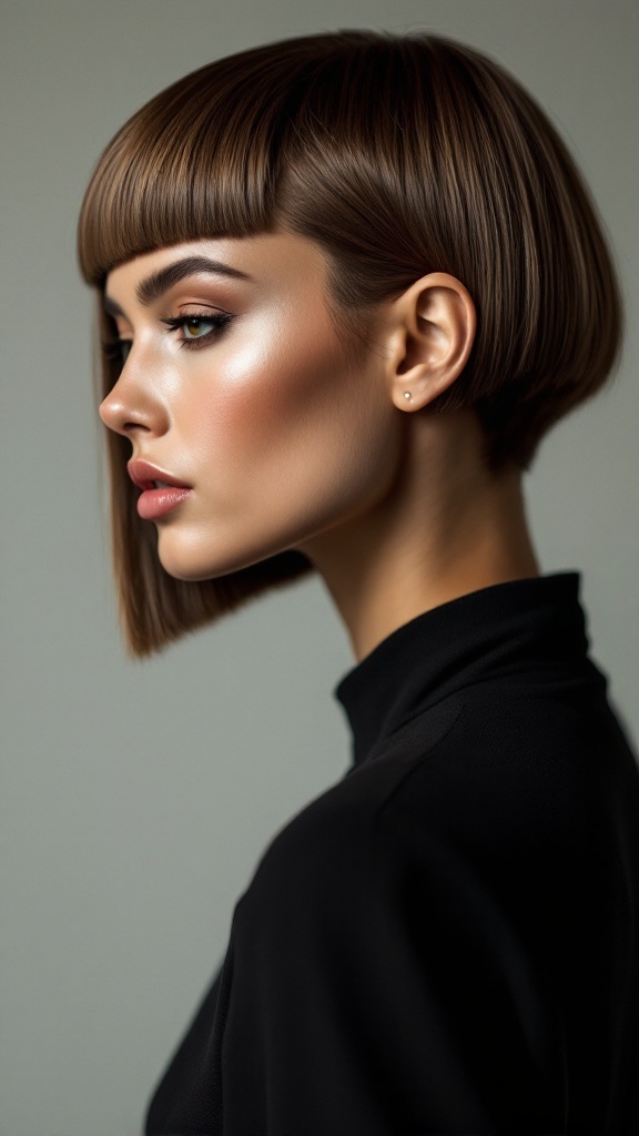 A model showcasing a sleek blunt cut hairstyle, highlighting sophistication with smooth, polished hair and elegant makeup.