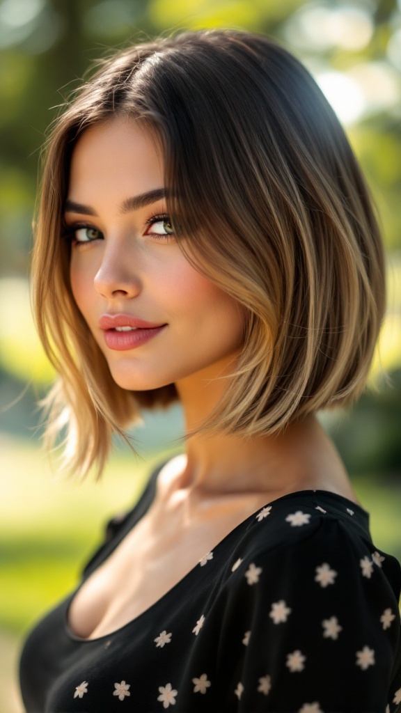 A woman with a sleek bob hairstyle, featuring smooth and shiny hair with a playful twist at the ends, set against a sunny outdoor background.