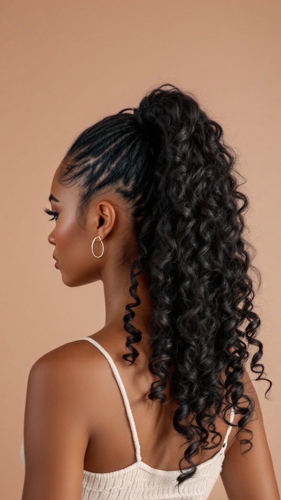A woman with a sleek crochet ponytail featuring bouncy curls, highlighted by a neutral background.