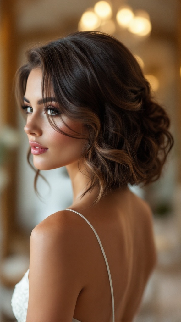 Sleek curly bob hairstyle with side part, ideal for bridesmaids.