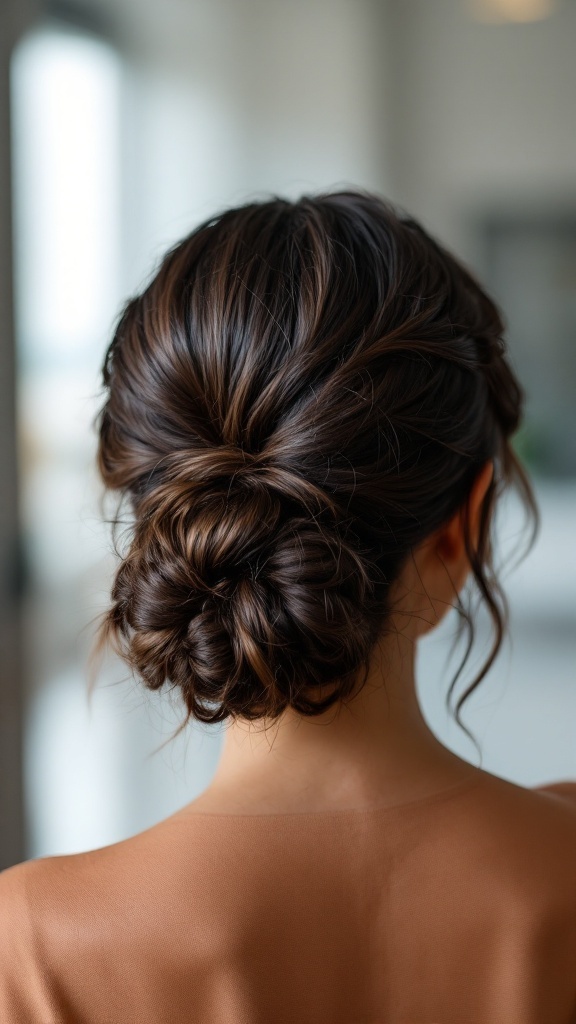 A back view of a woman with curly hair styled in a sleek low bun.