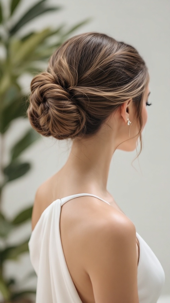 A woman with a sleek high bun hairstyle, wearing a one-shoulder dress.