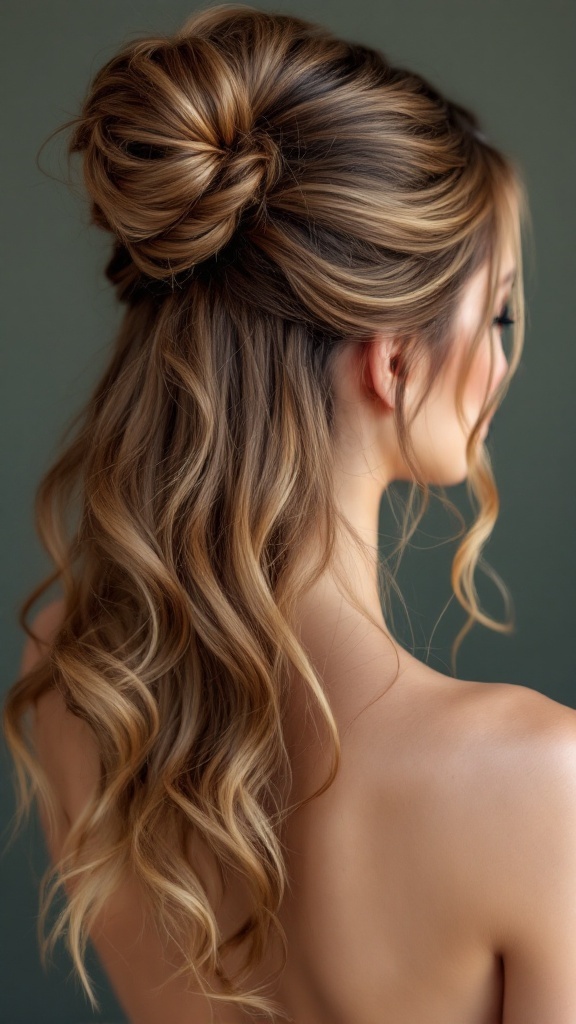 A hairstyle featuring a sleek high bun with loose waves cascading down.