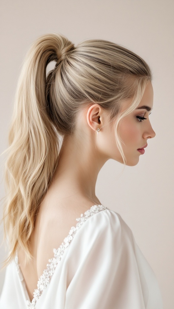 A woman with a sleek high ponytail hairstyle, showcasing an elegant and polished look.