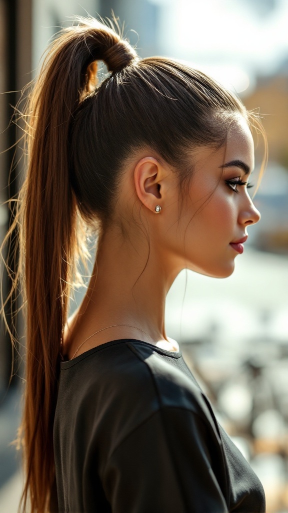 A woman with a sleek high ponytail, looking stylish and elegant.
