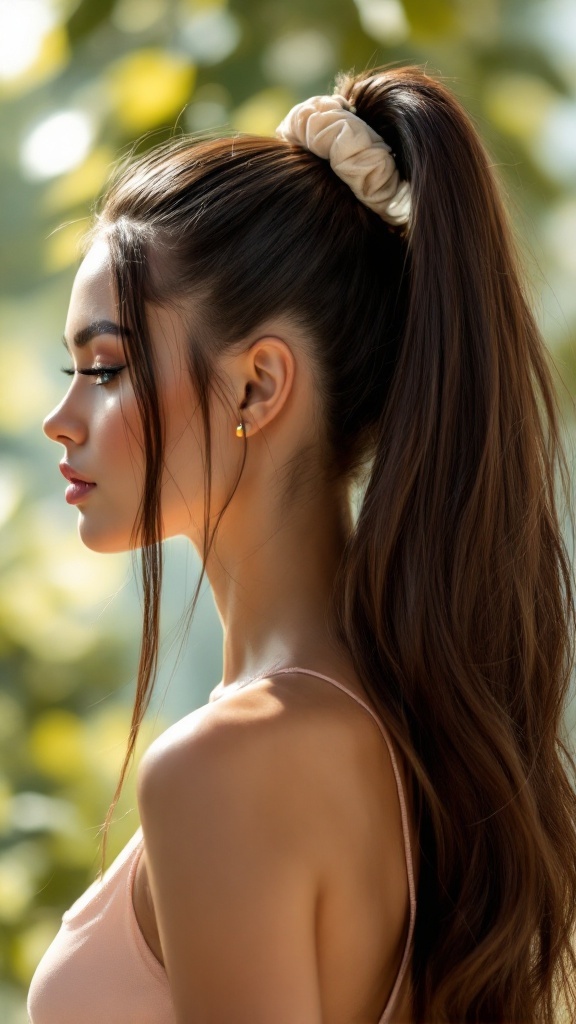 A woman with long hair styled in a sleek high ponytail, wearing a soft scrunchie.