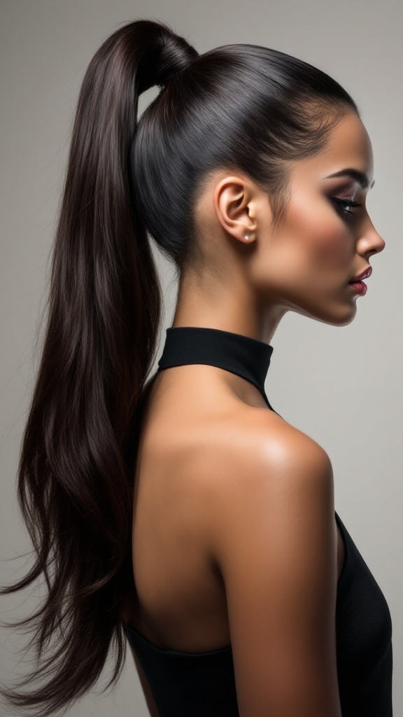 A woman with sleek, long hair styled in a high ponytail, showcasing a smooth and polished look.