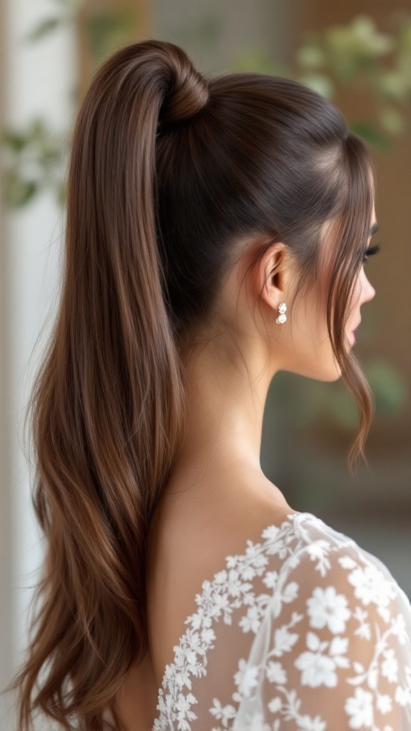 A model with a sleek high ponytail hairstyle, showcasing long hair styled elegantly for a wedding.