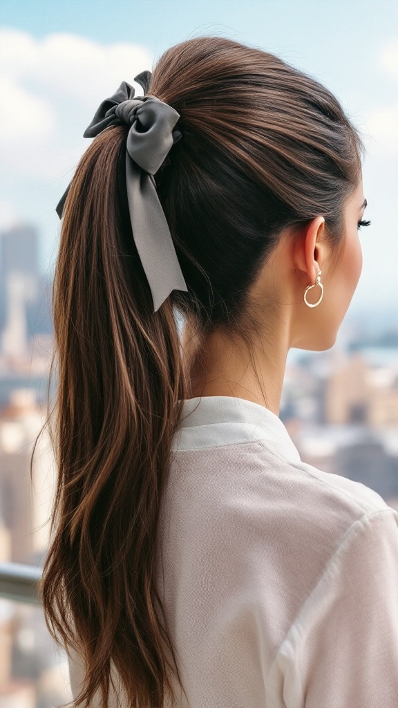 A sleek high ponytail with a bow, hair styled back, showcasing a trendy summer hairstyle.