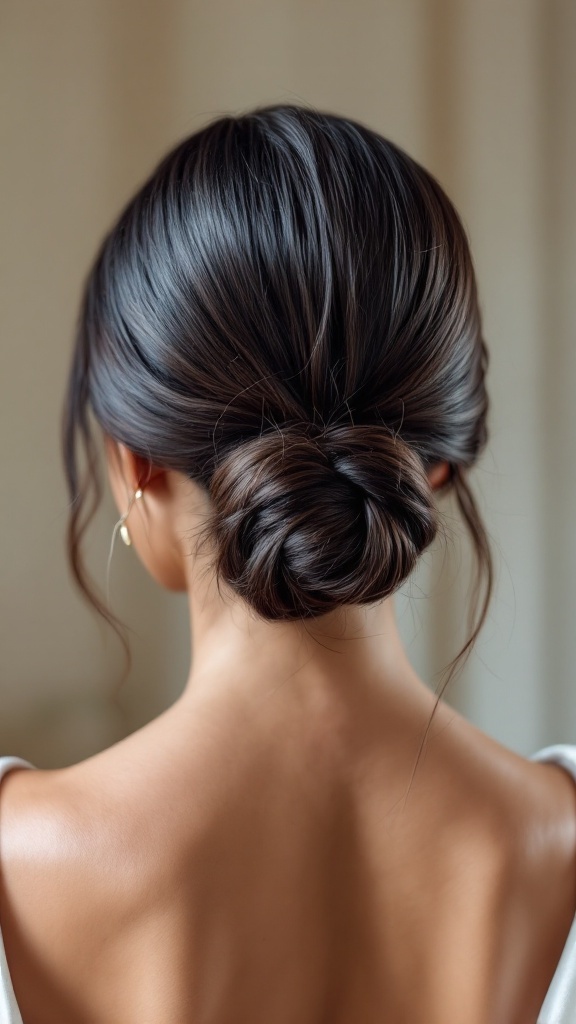 A sleek low bun hairstyle showing smooth hair gathered at the nape with styled baby hairs