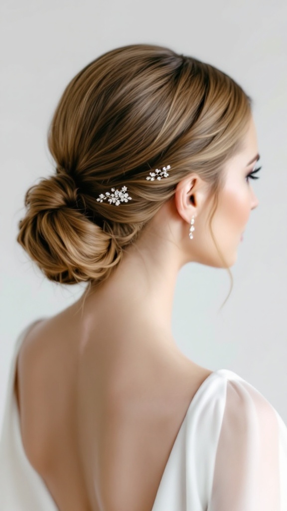 A woman with a sleek low bun and deep side part, adorned with hair accessories, showcasing an elegant look suitable for weddings.