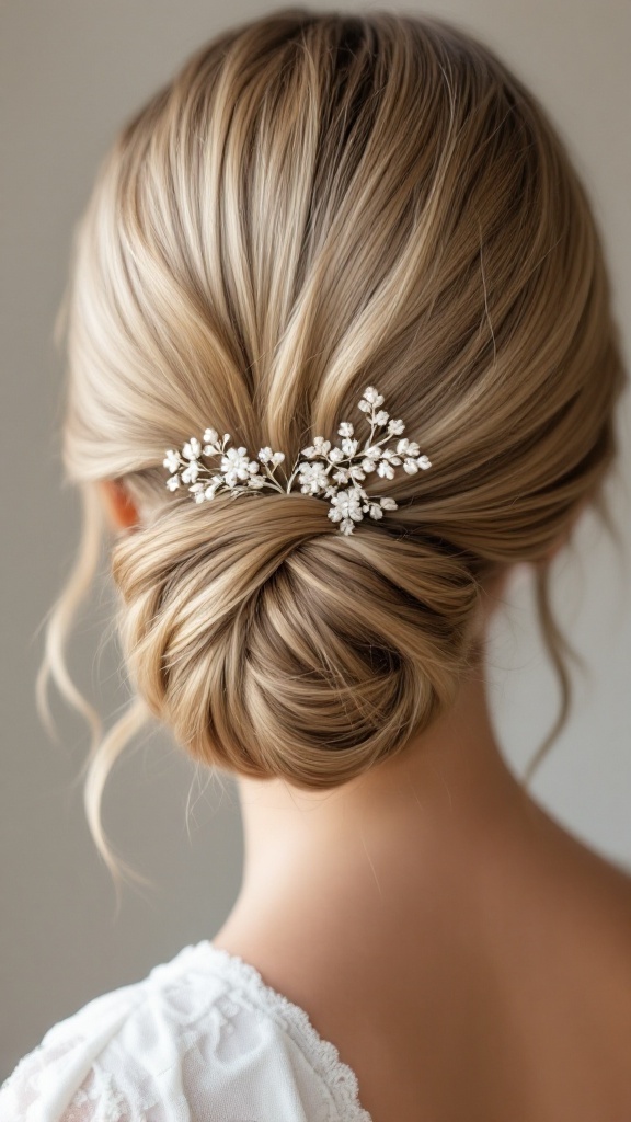 A sleek low bun hairstyle adorned with delicate hair accessories.
