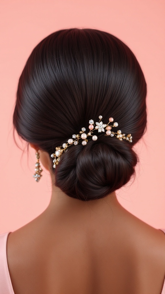 Sleek low bun hairstyle with hair accessories against a pink background.