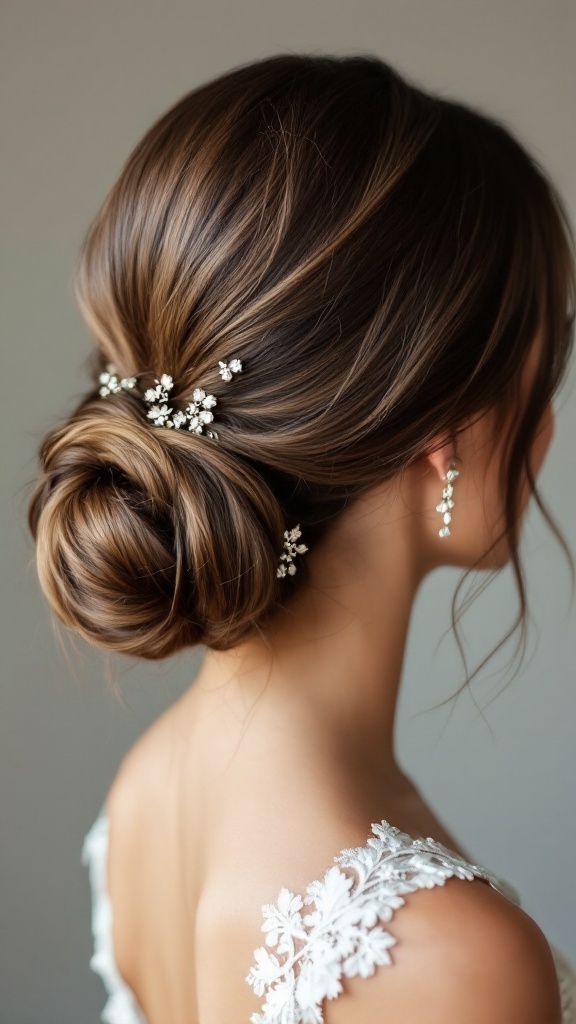 A woman with a sleek low chignon hairstyle adorned with delicate hairpins, showcasing elegance and simplicity.