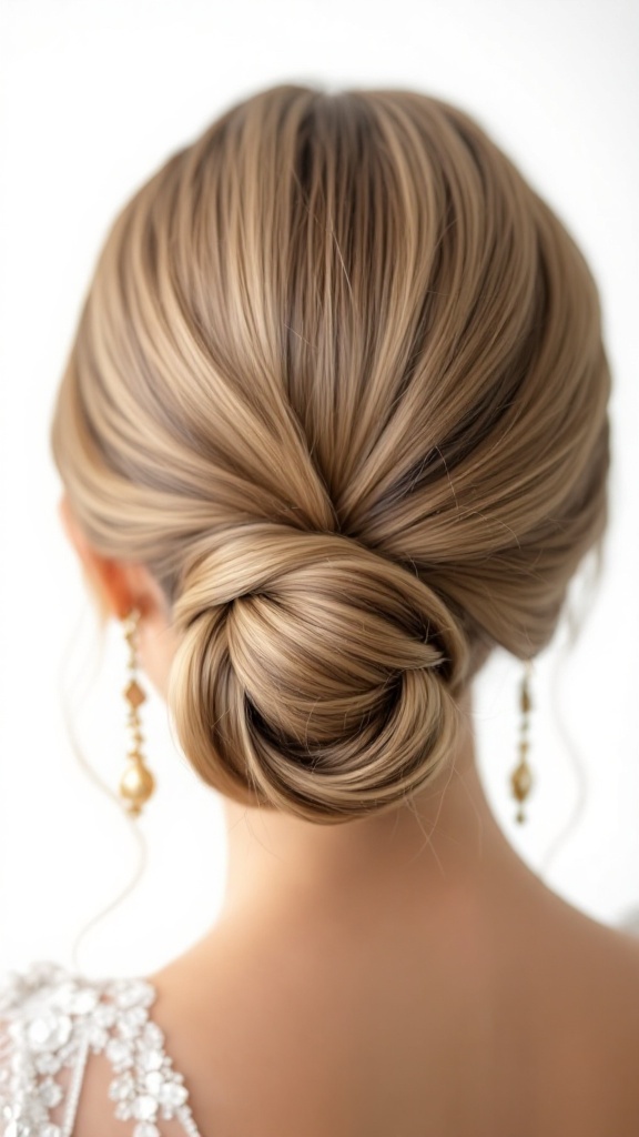 Sleek low knot hairstyle for bridesmaids, featuring smooth hair and elegant earrings.
