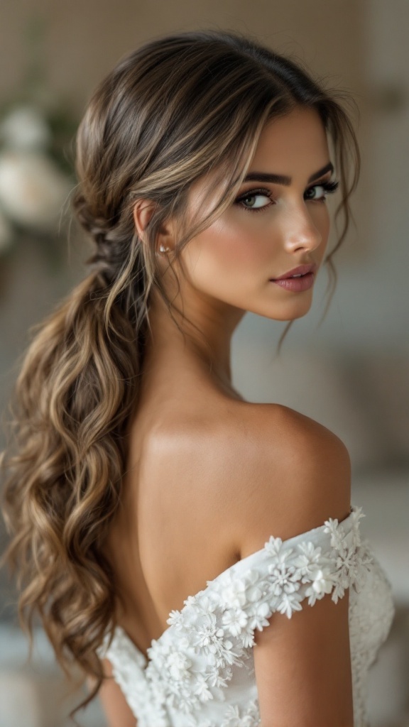 A bride with a sleek low ponytail, featuring soft waves and wearing a white dress with floral details.