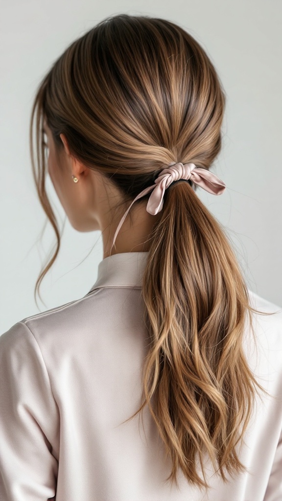 A woman with long hair styled in a sleek low ponytail, adorned with a satin ribbon.