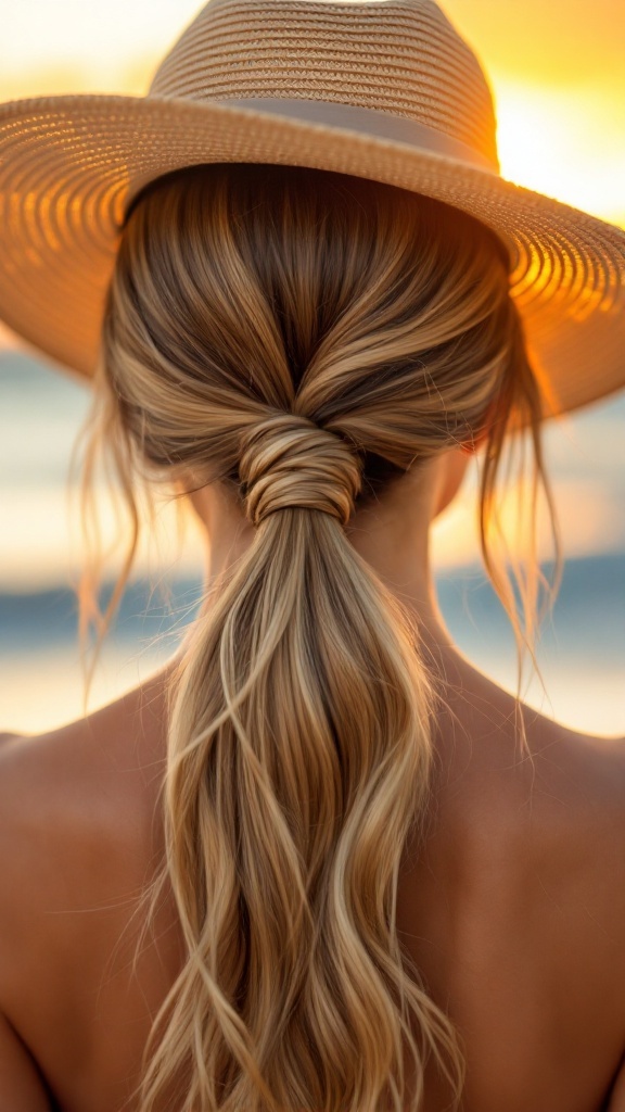 A woman with long hair styled in a sleek low ponytail, wearing a wide-brimmed hat at the beach during sunset.