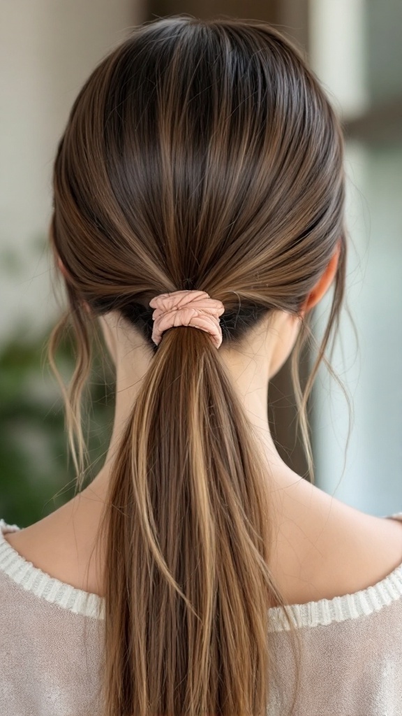 Sleek low ponytail hairstyle with a soft hair tie