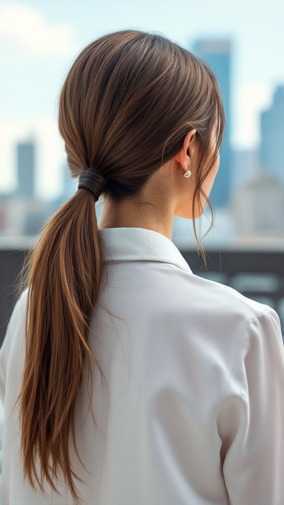 A woman with medium-length hair styled in a sleek low ponytail, wearing a white blouse and standing against a city backdrop.