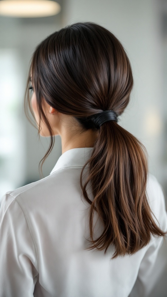 A close-up of a sleek low ponytail hairstyle on medium-length hair, secured with a hair tie.