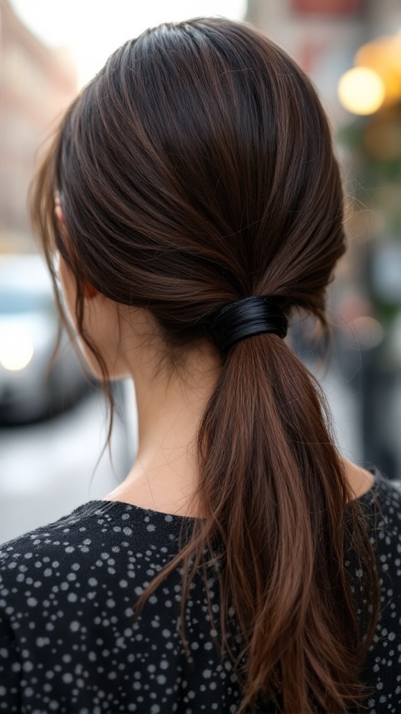 A sleek low ponytail with a center part, neatly styled for an elegant look.