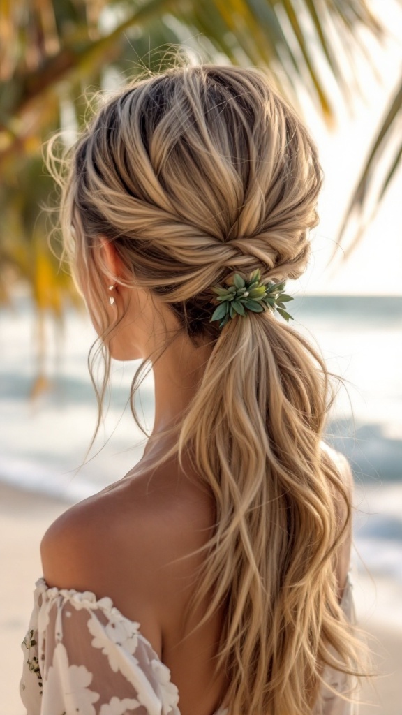 A woman with a sleek low ponytail adorned with greenery, set against a beach backdrop.