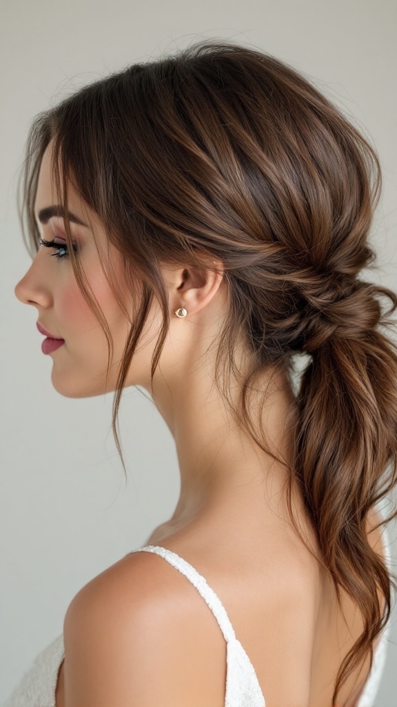 Sleek low ponytail hairstyle with textured ends worn by a woman.
