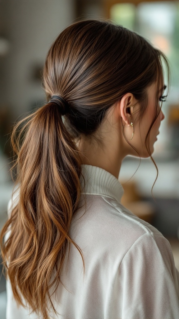 A woman with a sleek ponytail and face-framing pieces, showcasing a polished hairstyle.