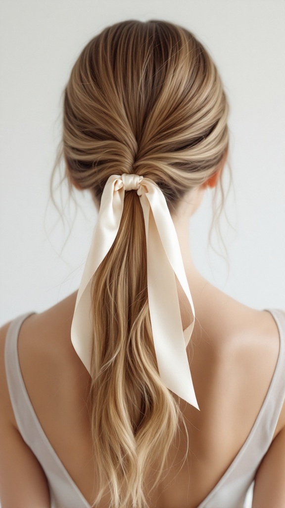 A sleek ponytail hairstyle with a satin ribbon for fine hair.