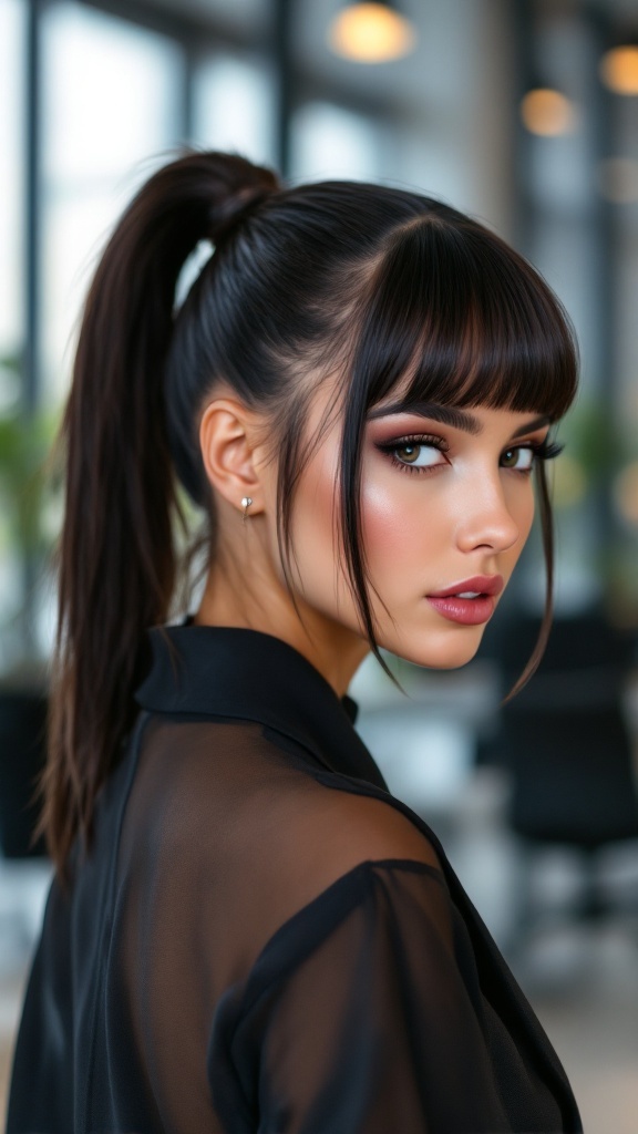 A woman with a sleek ponytail and sharp bangs, looking confidently into the camera.