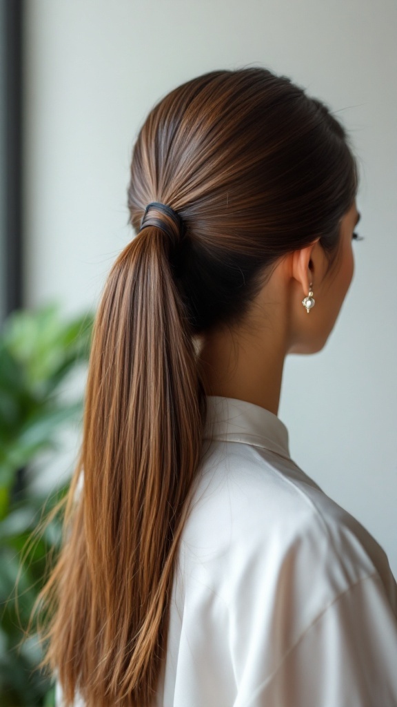 A woman with sleek hair styled in a low ponytail and a side part, showcasing elegance and simplicity.