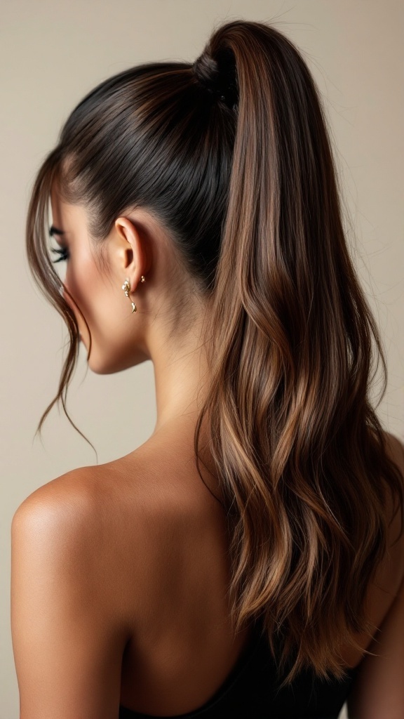 Stylish sleek ponytail with volume on medium hair, showcasing a polished look.
